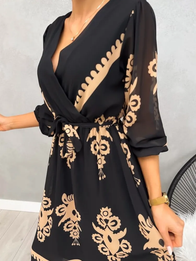 Czarna Sukienka w Brązowy Wzór z Paskiem 13195-148-Q|Modna Kiecka Discount