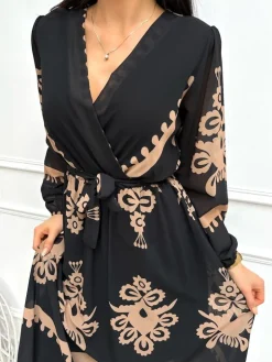 Czarna Sukienka w Brązowy Wzór z Paskiem 13195-148-Q|Modna Kiecka Discount