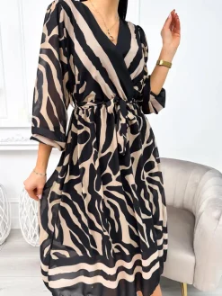 Czarna Sukienka w Brązowy Wzór 11258-223-Q|Modna Kiecka Sale