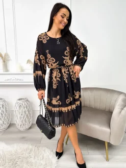 Czarna Sukienka w Brązowy Wzór 11298-02-Q|Modna Kiecka Fashion