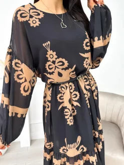 Czarna Sukienka w Brązowy Wzór 11298-02-Q|Modna Kiecka Fashion