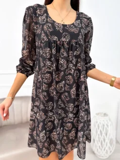 Czarna Sukienka w Brązowy Wzór  11156-139-Q|Modna Kiecka Discount