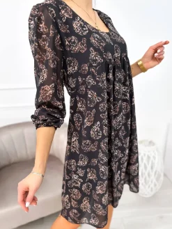 Czarna Sukienka w Brązowy Wzór  11156-139-Q|Modna Kiecka Discount