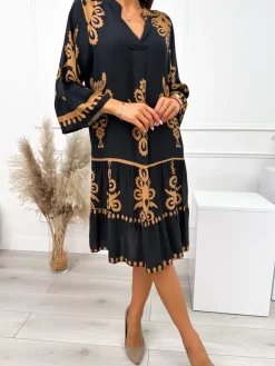 Czarna Sukienka w Brązowy Wzór 10786-531-B|Modna Kiecka Fashion