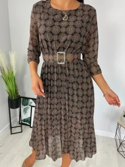 Czarna Sukienka w Brązowy Wzór  6596-305-Q|Modna Kiecka Discount