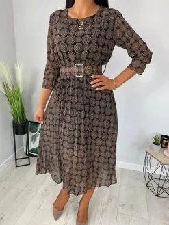 Czarna Sukienka w Brązowy Wzór  6596-305-Q|Modna Kiecka Discount