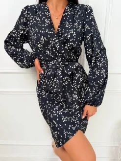 Czarna Sukienka w Cętki z Paskiem 13465-24-B|Modna Kiecka Online