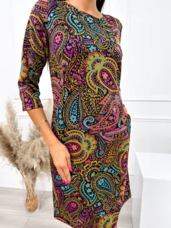 Czarna Sukienka w Kolorowy Wzór  10795-60-Q|Modna Kiecka Online