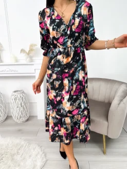 Czarna Sukienka w Kolorowy Wzór 11341-326 11341-326-Q|Modna Kiecka Online