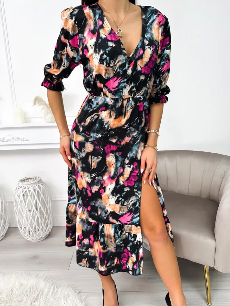 Czarna Sukienka w Kolorowy Wzór 11341-326 11341-326-Q|Modna Kiecka Online