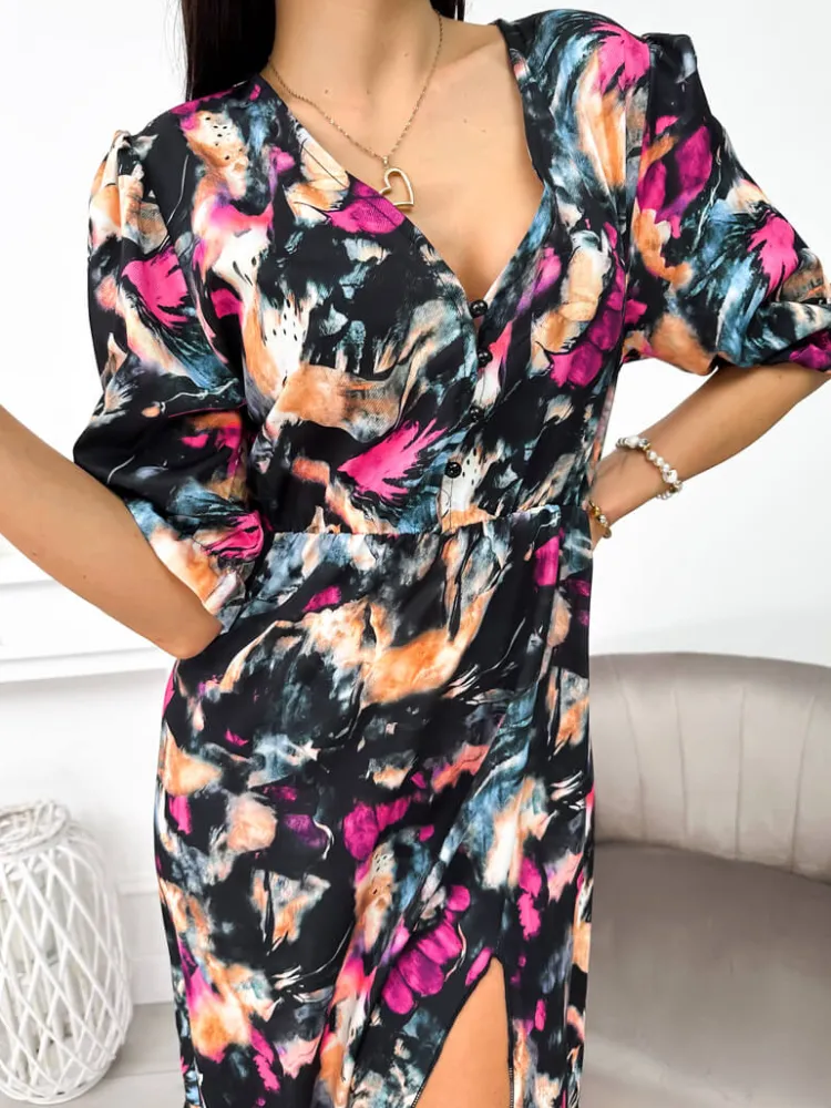 Czarna Sukienka w Kolorowy Wzór 11341-326 11341-326-Q|Modna Kiecka Online