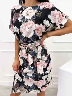 Czarna Sukienka w Kwiaty 12318-294-A|Modna Kiecka Online