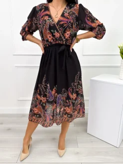 Czarna Sukienka w Kwiaty 12293-350 12293-350-Q|Modna Kiecka Online