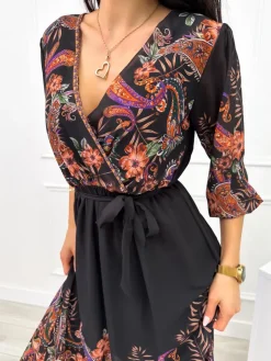 Czarna Sukienka w Kwiaty 12293-350 12293-350-Q|Modna Kiecka Online