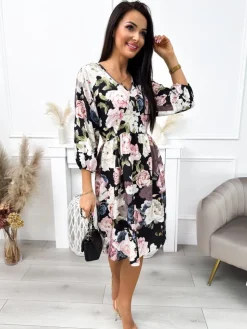 Czarna Sukienka w Kwiaty 11844-130-A|Modna Kiecka New