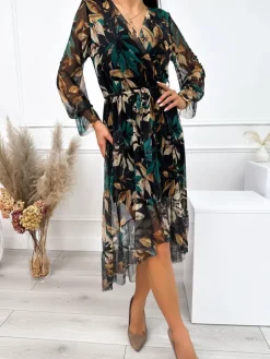 Czarna Sukienka w Liście 10996-172-Q|Modna Kiecka Sale