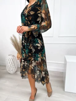 Czarna Sukienka w Liście 10996-172-Q|Modna Kiecka Sale