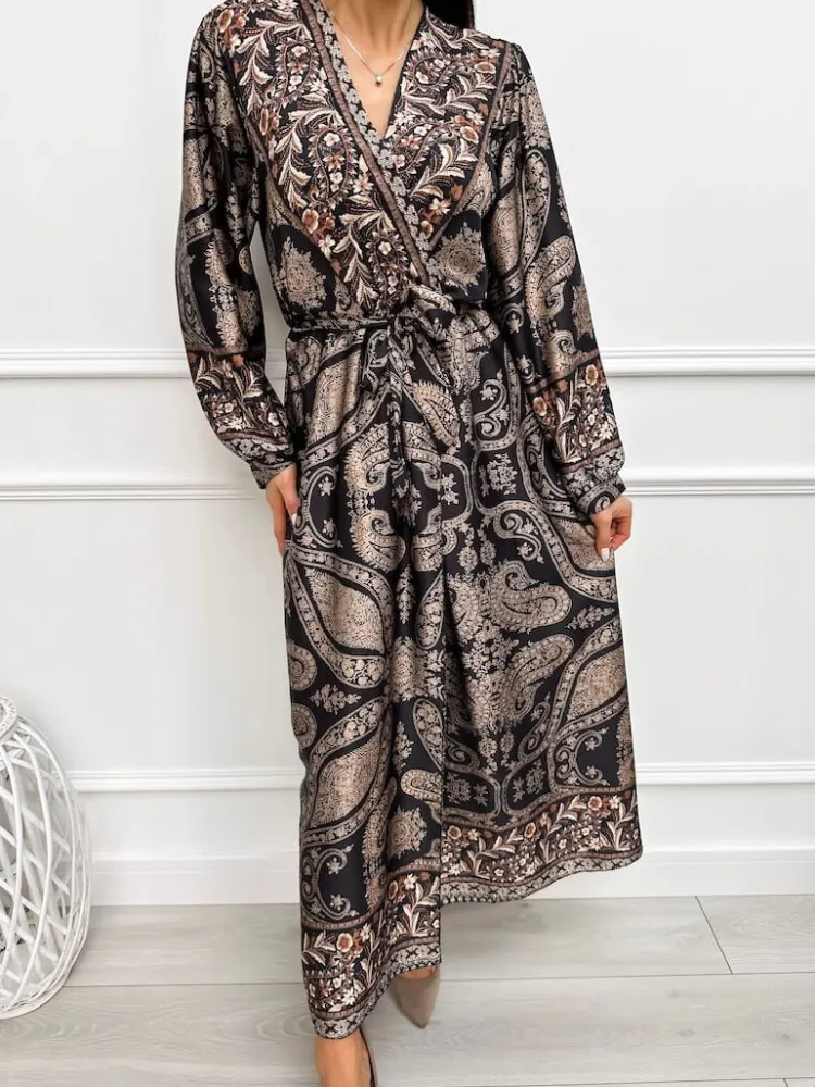 Czarna Sukienka w Orientalny Wzór z Paseczkiem 13310-175-B|Modna Kiecka Online