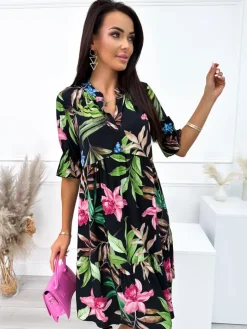 Czarna Sukienka w Różowo-Zielony Wzór 10446-122-A|Modna Kiecka Outlet