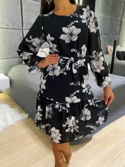 Czarna Sukienka w Szare Kwiaty  11706-187-Q|Modna Kiecka Sale