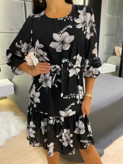 Czarna Sukienka w Szare Kwiaty  11706-187-Q|Modna Kiecka Sale