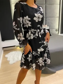 Czarna Sukienka w Szare Kwiaty  11706-187-Q|Modna Kiecka Sale