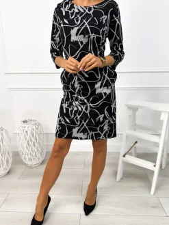 Czarna Sukienka w Szary Wzór z Kieszeniami 12942-213-B|Modna Kiecka Hot
