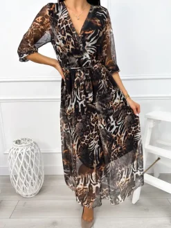 Czarna Sukienka w Zwierzęcy Wzór z Paseczkiem 12933-172-Q|Modna Kiecka Outlet