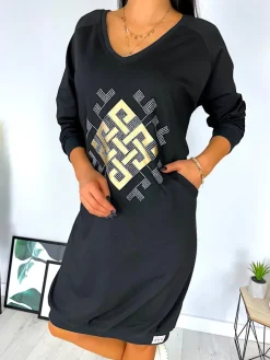 Czarna Sukienka z Aplikacją 11850-97-Q|Modna Kiecka Fashion