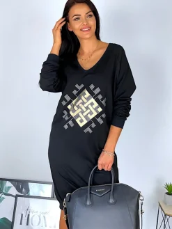 Czarna Sukienka z Aplikacją 11850-97-Q|Modna Kiecka Fashion
