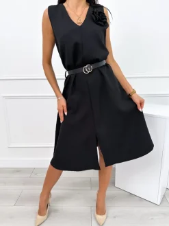 Czarna Sukienka z Broszką i Paskiem 12313-301-A|Modna Kiecka Clearance