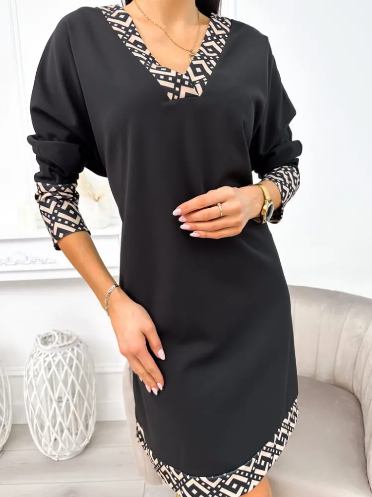 Czarna Sukienka z Brązowymi Wstawkami 11249-20-Q|Modna Kiecka Discount