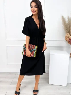 Czarna Sukienka z Dekoltem V i Wiązaniami 12557-91-B|Modna Kiecka Sale