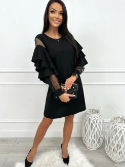 Czarna Sukienka z Falbankami 13405-101-B|Modna Kiecka Fashion