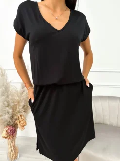 Czarna Sukienka z Kieszeniami 10228-235-E|Modna Kiecka Outlet