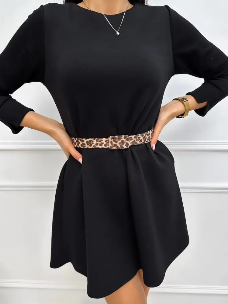 Czarna Sukienka z Kieszeniami i Paskiem 13275-318-C|Modna Kiecka Outlet