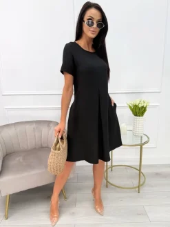 Czarna Sukienka z Kieszeniami 13707-103-B|Modna Kiecka Hot