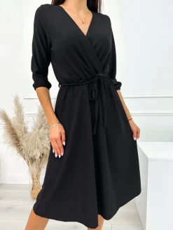 Czarna Sukienka z Kopertowym Dekoltem 10609-193-D|Modna Kiecka Online