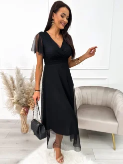 Czarna Sukienka z Kopertowym Dekoltem 10312-195-A|Modna Kiecka Outlet