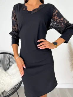 Czarna Sukienka z Koronką 11450-511-A|Modna Kiecka Discount
