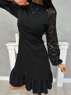Czarna Sukienka z Koronkowym Rękawem 13429-202-Q|Modna Kiecka Hot