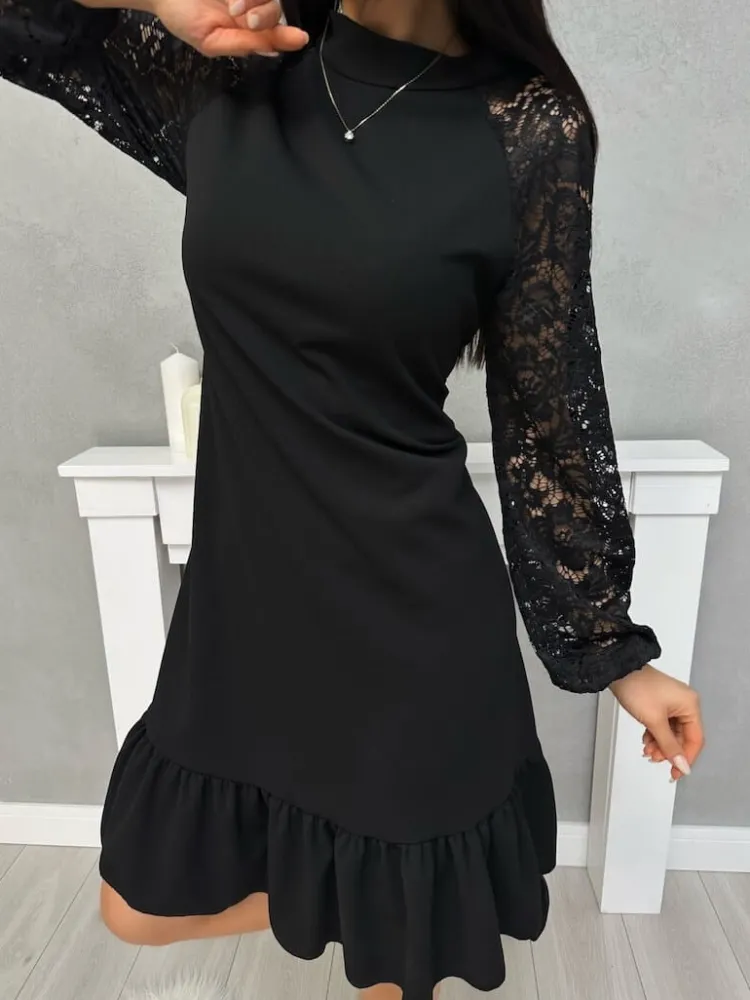 Czarna Sukienka z Koronkowym Rękawem 13429-202-Q|Modna Kiecka Hot