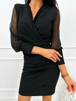 Czarna Sukienka z Marszczeniem 13455-426-C|Modna Kiecka Hot