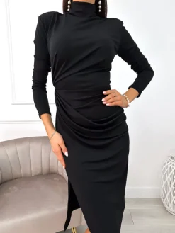 Czarna Sukienka z Marszczeniem 11142-272-Q|Modna Kiecka Outlet