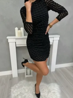 Czarna Sukienka z Marszczeniem i Wzorem 13399-185-Q|Modna Kiecka Sale