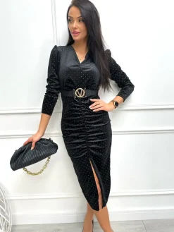 Czarna Sukienka z Marszczeniem i Paskiem 13390-263-A|Modna Kiecka Fashion
