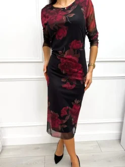 Czarna Sukienka z Motywem Kwiatowym 13320-225-Q|Modna Kiecka Outlet