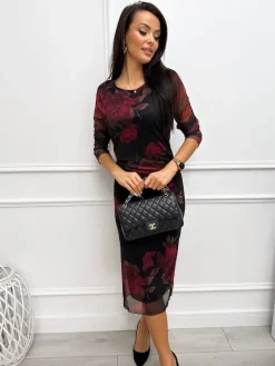 Czarna Sukienka z Motywem Kwiatowym 13320-225-Q|Modna Kiecka Outlet