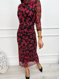 Czarna Sukienka z Motywem Roślinnym  13316-402-Q|Modna Kiecka Discount