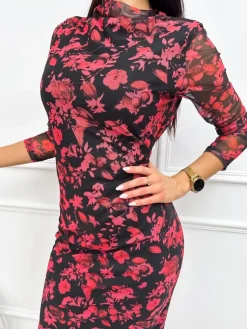 Czarna Sukienka z Motywem Roślinnym  13316-402-Q|Modna Kiecka Discount